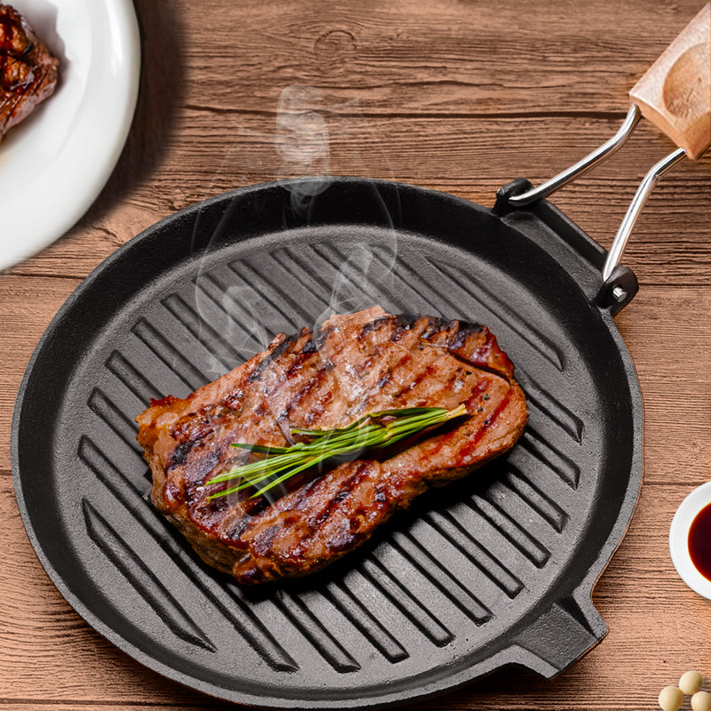 24cm Round Ribbed Cast Iron Non Stick Grill Pan Folding Wooden Handle Black