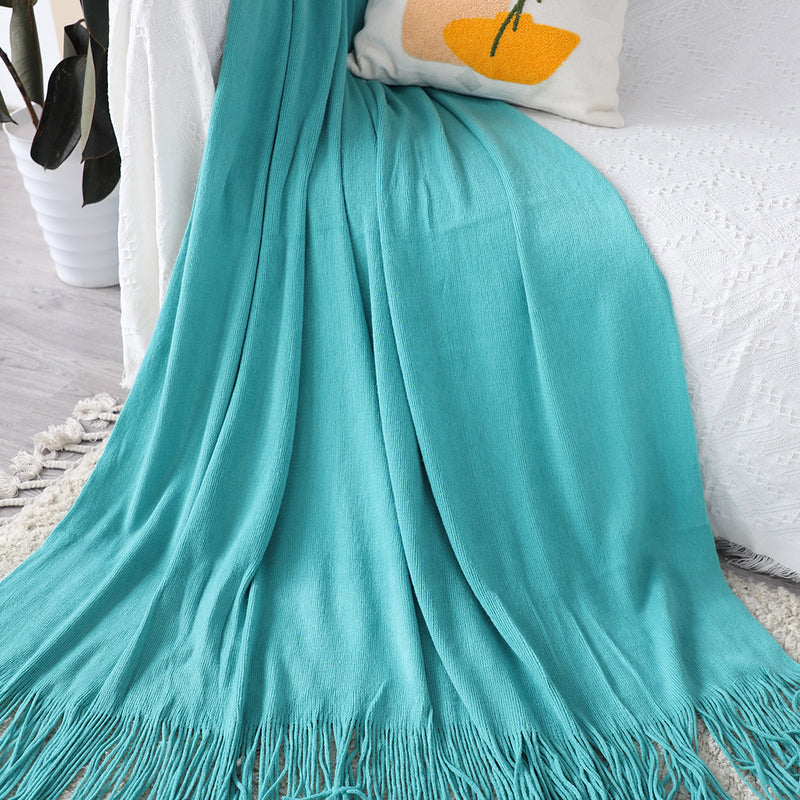 Teal Acrylic Knitted Throw Blanket Solid Fringed 130x220cm Cozy Home Decor