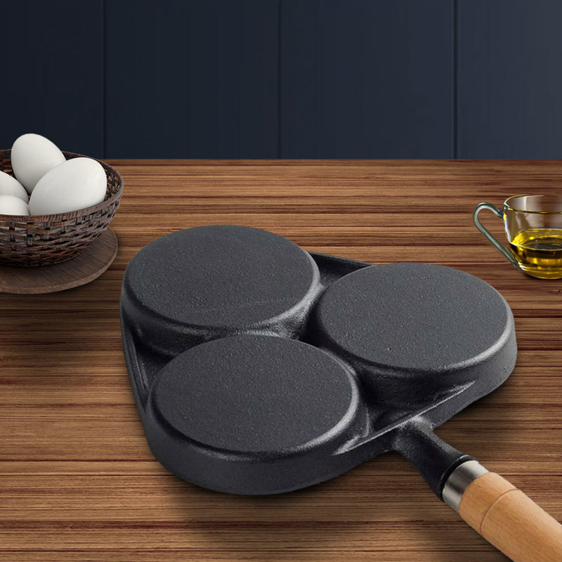 2X 3 Mold Cast Iron Omelette Pan Wood Handle Nonstick Induction Oven Safe