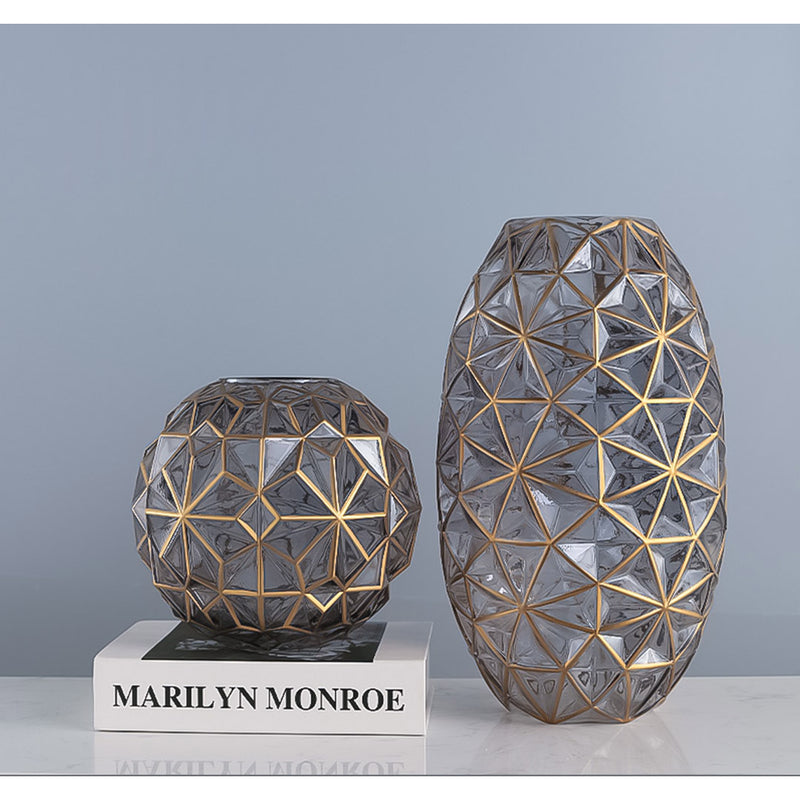 Glass Flower Vase Set Large And Medium 34cm Grey Diamond Cut With Gold Accent