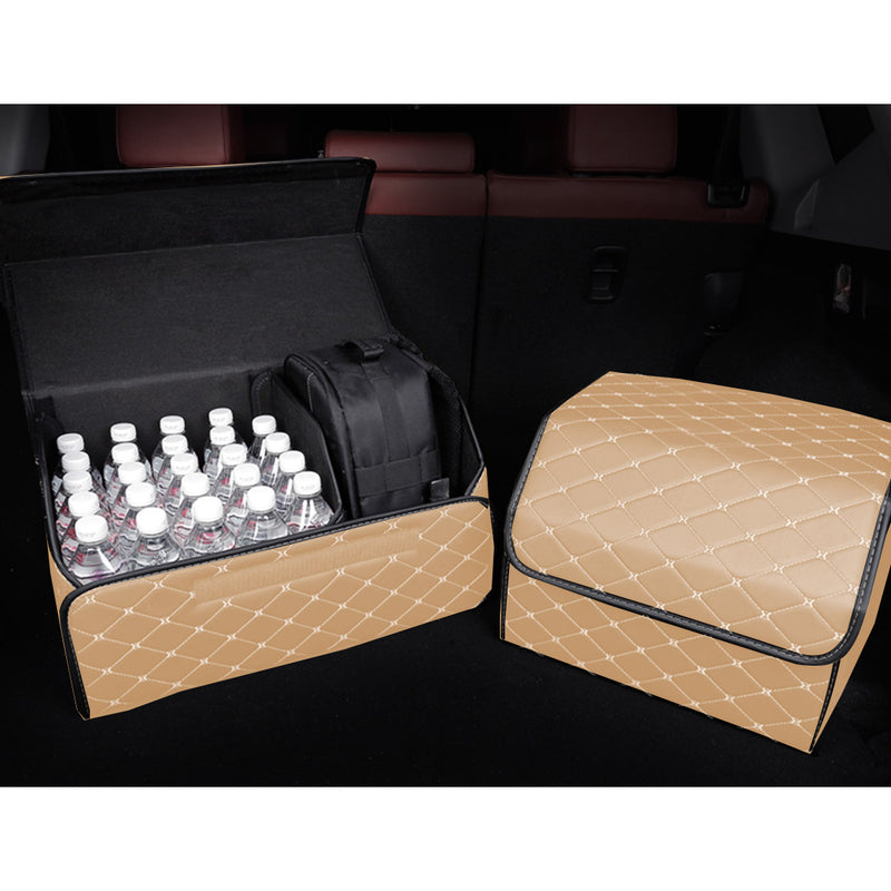Leather Car Boot Organizer Box Medium Collapsible Foldable Beige Gold Stitch