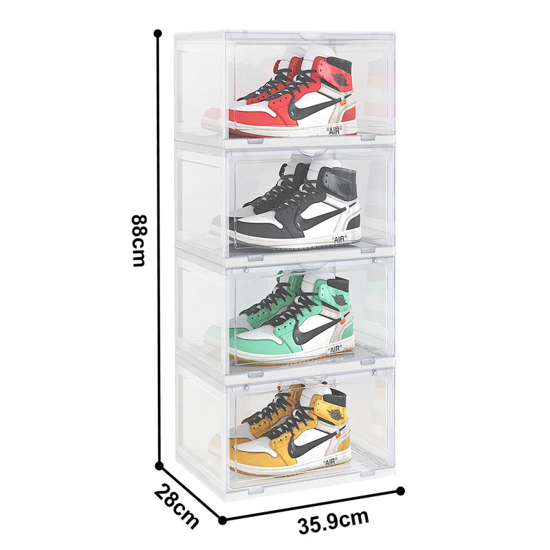4 Tier Transparent Plastic Shoe Organiser 35.9x28x88cm Stackable Magnetic Door