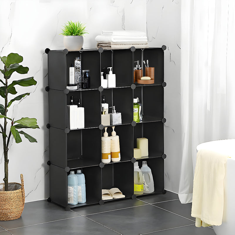 4 Tier 12 Cube Portable Wardrobe Plastic Iron Wire Modular Black 110x37x146cm