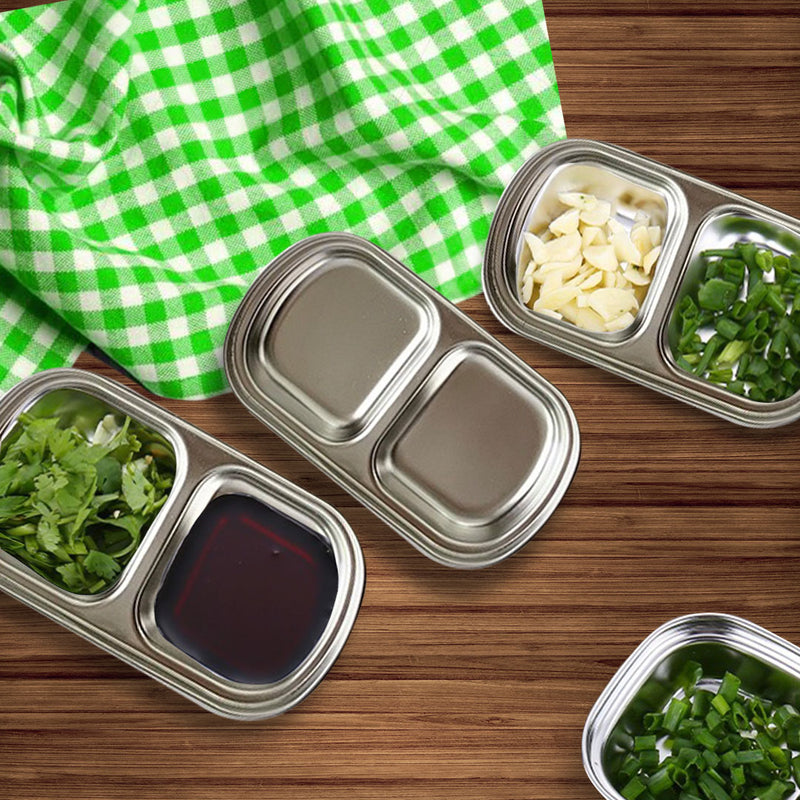 15cm Stainless Steel Divided Sauce Dish Two Compartments Silver Set Of 4