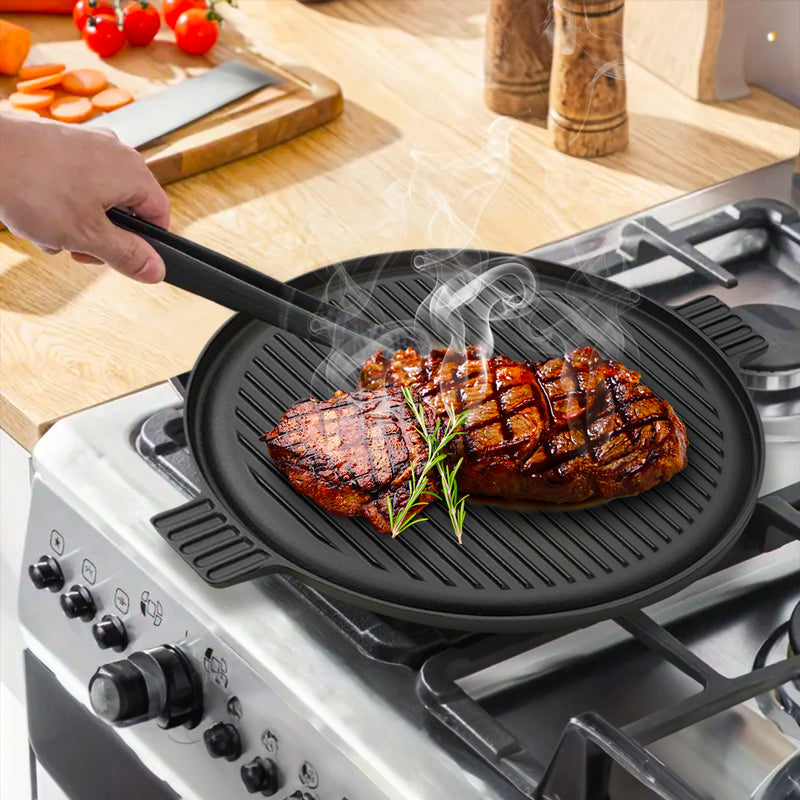 2X 43cm Round Ribbed Cast Iron Frying Pan Skillet Sizzle Platter With Handle