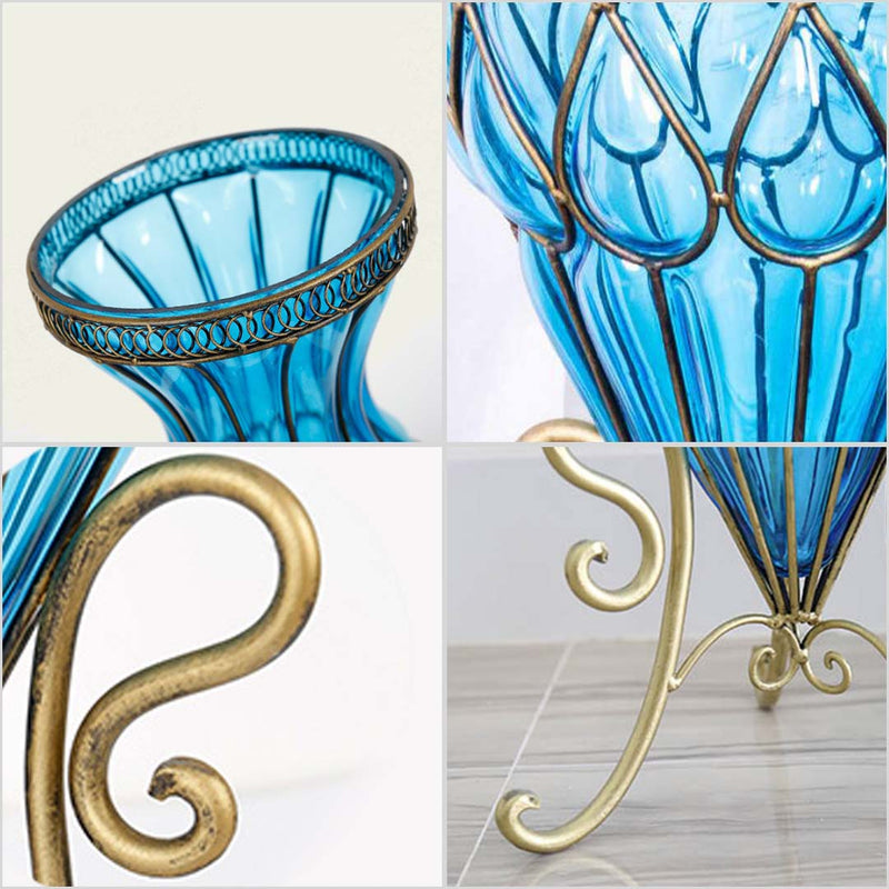67cm Blue Glass Tall Floor Vase Gold Metal Accents 12pcs White Silk Flowers