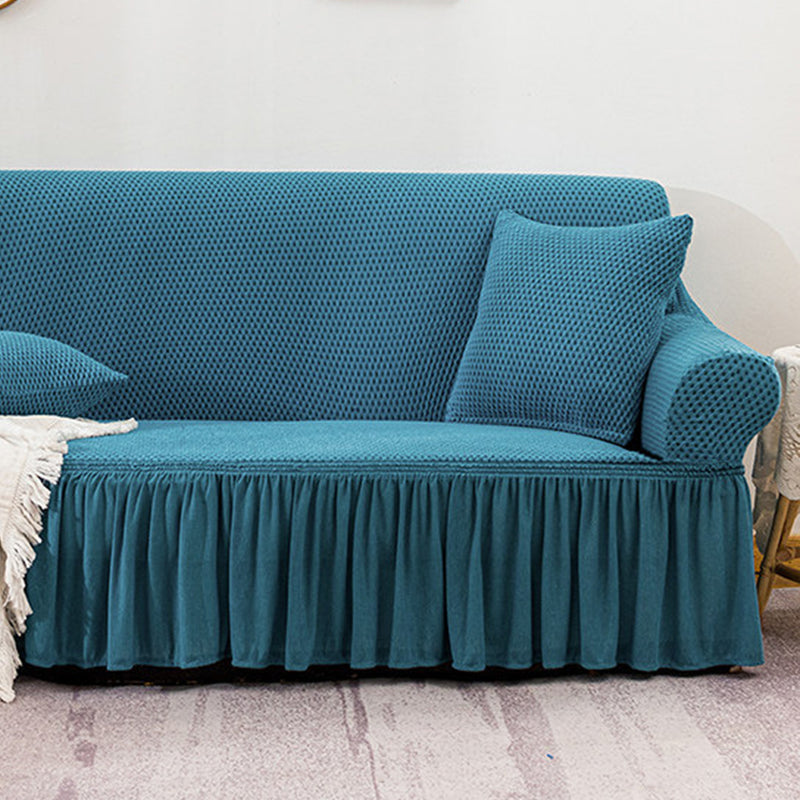 4-Seater Blue Sofa Cover Ruffled Skirt Stretch Couch Protector Polyester