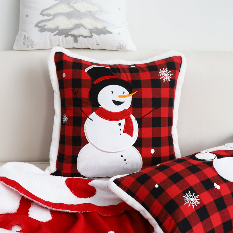 Throw Pillow Plush Polyester 45cm Square Embroidered Snowman Red Christmas Decor