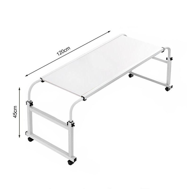 White Bed Desk Adjustable Height Length Movable with Wheels Plate 120x45cm