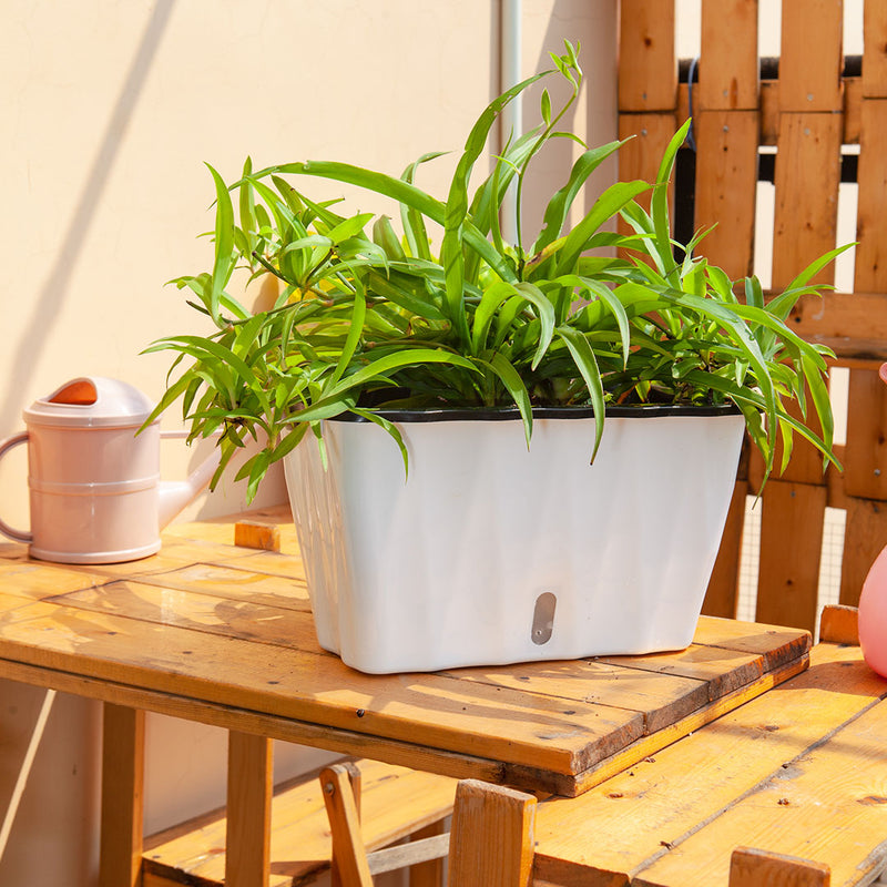 Small 35cm White Rectangular Plastic Planter Pot With Holder And Drainage