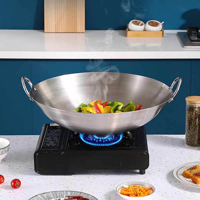 43cm Stainless Steel Wok 2 Sturdy Handles Wood Grip Commercial