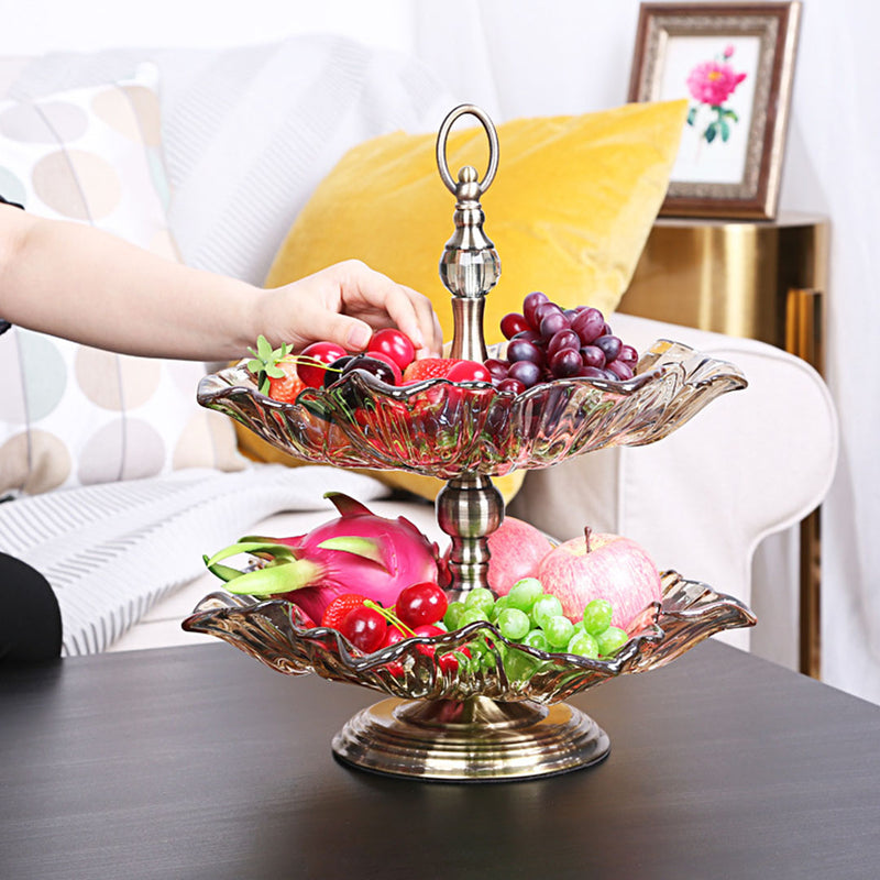 2 Tier Lotus Glass Iron Fruit Bowl 35cm X 57cm Translucent Bronze