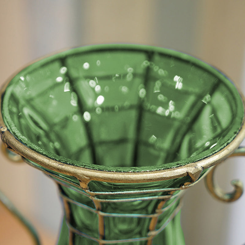 Green Glass Flower Vase Solid Base Two Gold Metal Handles 20x13x47cm