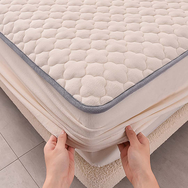 Beige Mattress Cover 183cm Quilted Fleece Stretchable Protector With Pillowcases