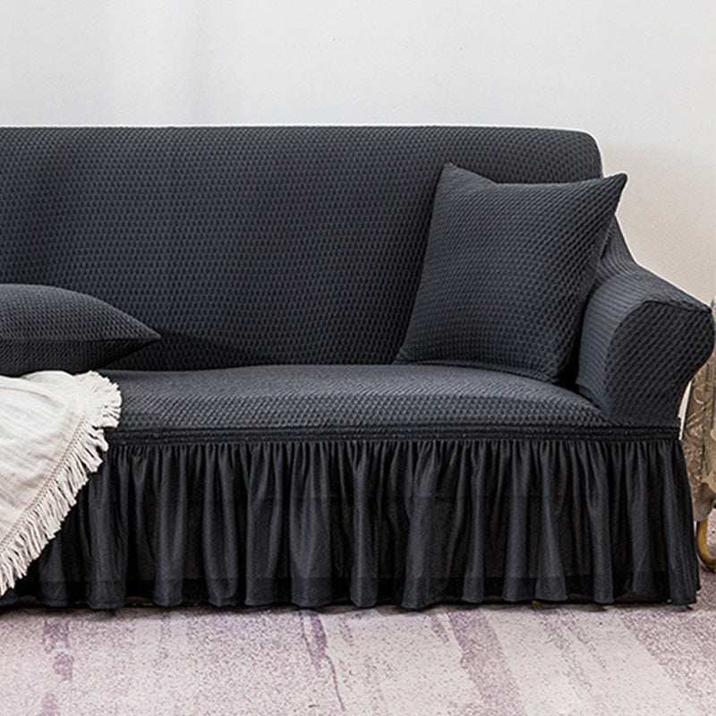 4-Seater Dark Grey Polyester Sofa Cover Ruffled Skirt High Stretch Protector