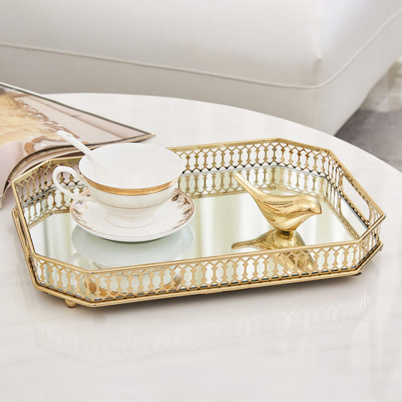 35cm X 26cm Gold Rectangular Ornate Glass Mirror Vanity Tray With Handles