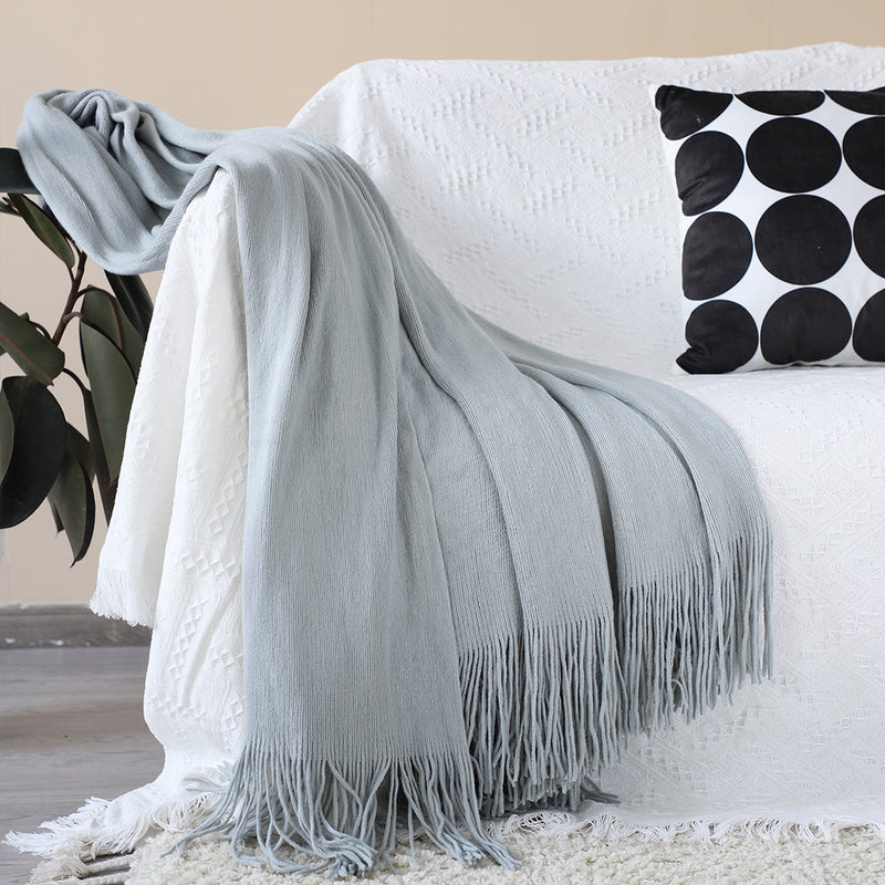 2X Grey Acrylic Knitted Throw Blanket 130x220cm Fringed Cozy Home Decor