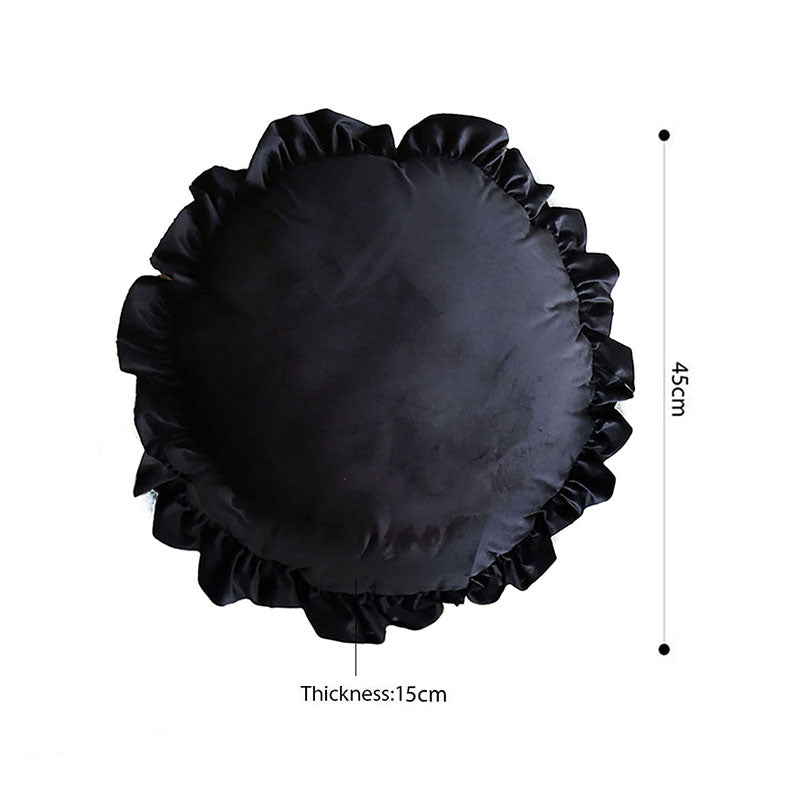 Round Velvet Throw Pillow 45cm 15cm Thick Plush Lotus Leaf Edge Black