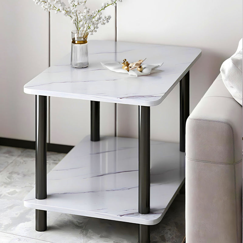 2X White Ceramic Side Table 70x70x53cm Stone Pattern Black Metal Legs