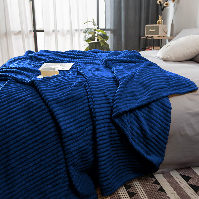 Blue Throw Blanket Soft Flannel Polyester 200x230cm Striped Lightweight Cozy