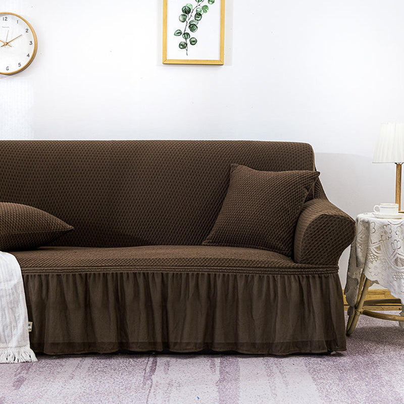 3 Seater Polyester Sofa Slipcover Ruffled Skirt Stretch Coffee 195 To 230cm