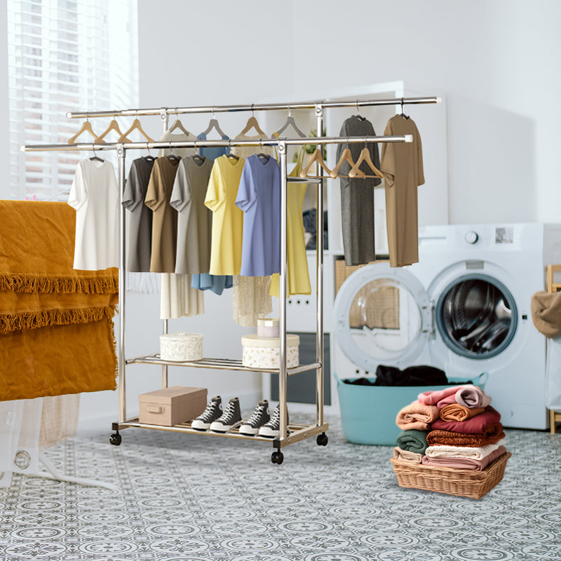 Stainless Steel Clothes Rack 200cm Floor-Standing With Wheels Portable Durable