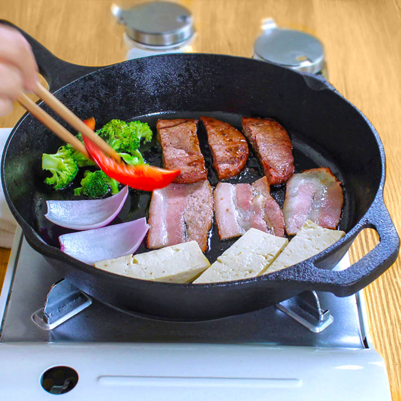 2X 30cm Cast Iron Frying Pan Skillet Sizzle Platter with Helper Handle