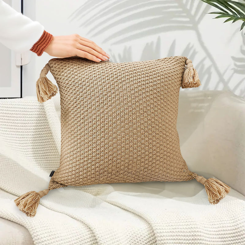 2X Light Brown Velvet Plush Sofa Cushion 50CM Square 15CM Thick Tassel Accents