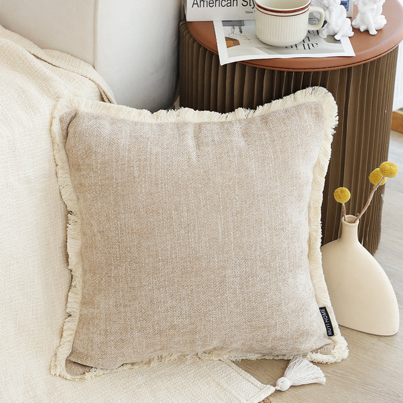 2X 45Cm Square Chenille Polyester Throw Pillow With Tassels Latte