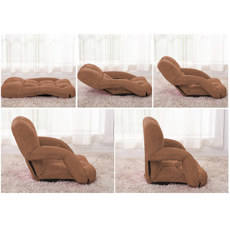 Foldable Adjustable Floor Recliner Chair with Armrest Flannel Coffee 95cm