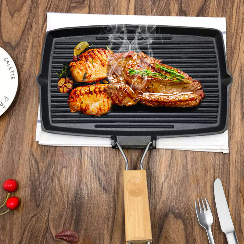 Cast Iron Rectangular Grill Pan 20.5cm Black Folding Wooden Handle