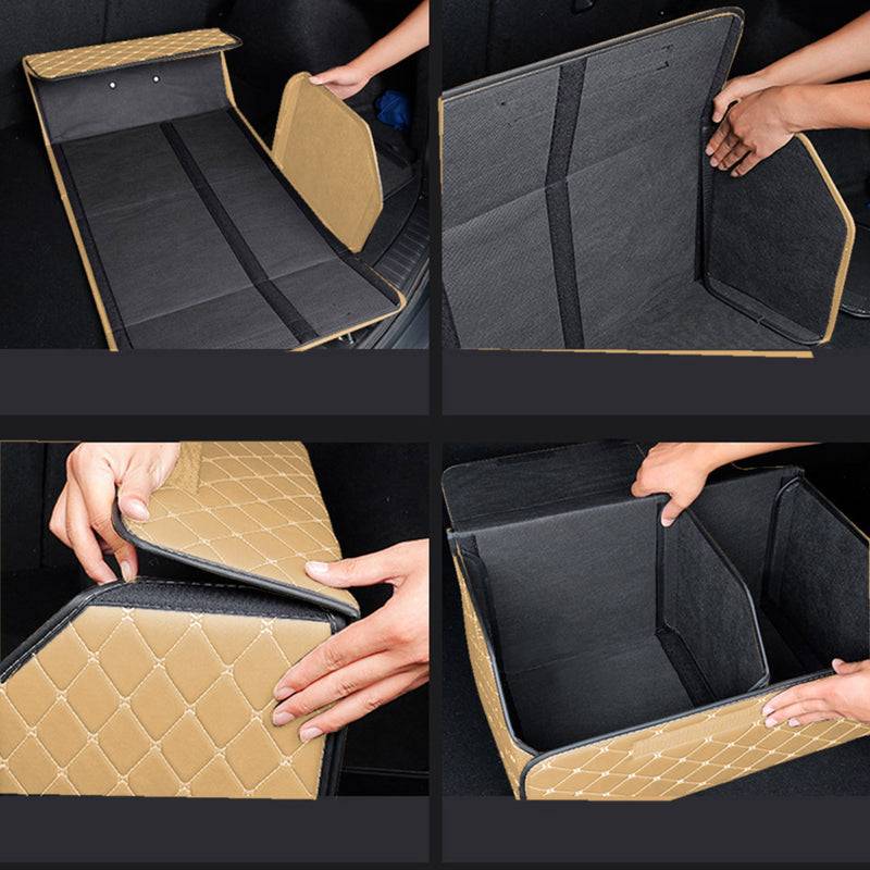 Leather Car Boot Organizer Box Medium Collapsible Foldable Beige Gold Stitch