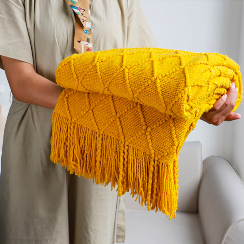 Knitted Acrylic Throw Blanket 130cmx230cm Diamond Jacquard Tassels Yellow