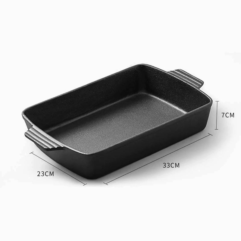 2X Cast Iron Baking Dish 33cm Rectangle Non-Stick Easy Clean Black Handles