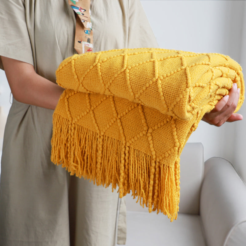 2X Knitted Throw Blanket 100% Acrylic 130cmx230cm Diamond Pattern Yellow Tassels