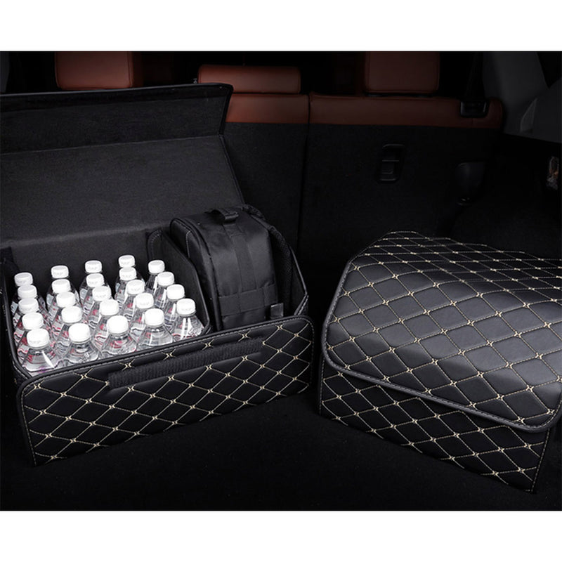 2X Leather Car Boot Organizer Medium Collapsible Foldable Black Gold Stitch