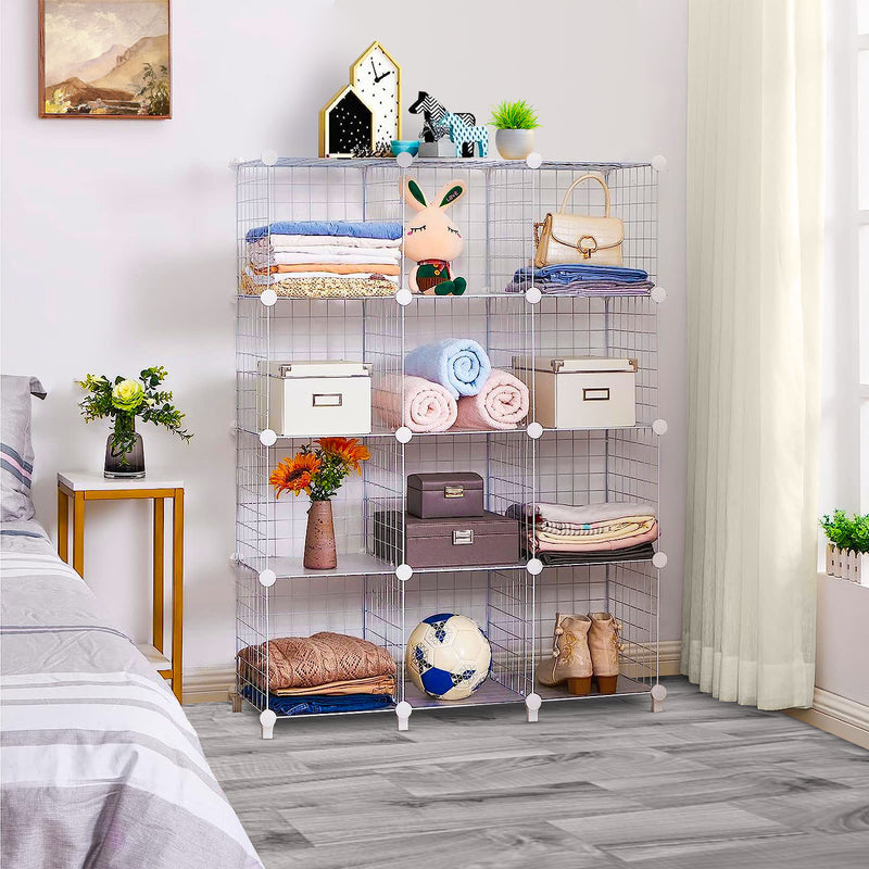 White Portable 12 Cube 3 Column Iron Wire Mesh Storage Organizer 110x37x113cm