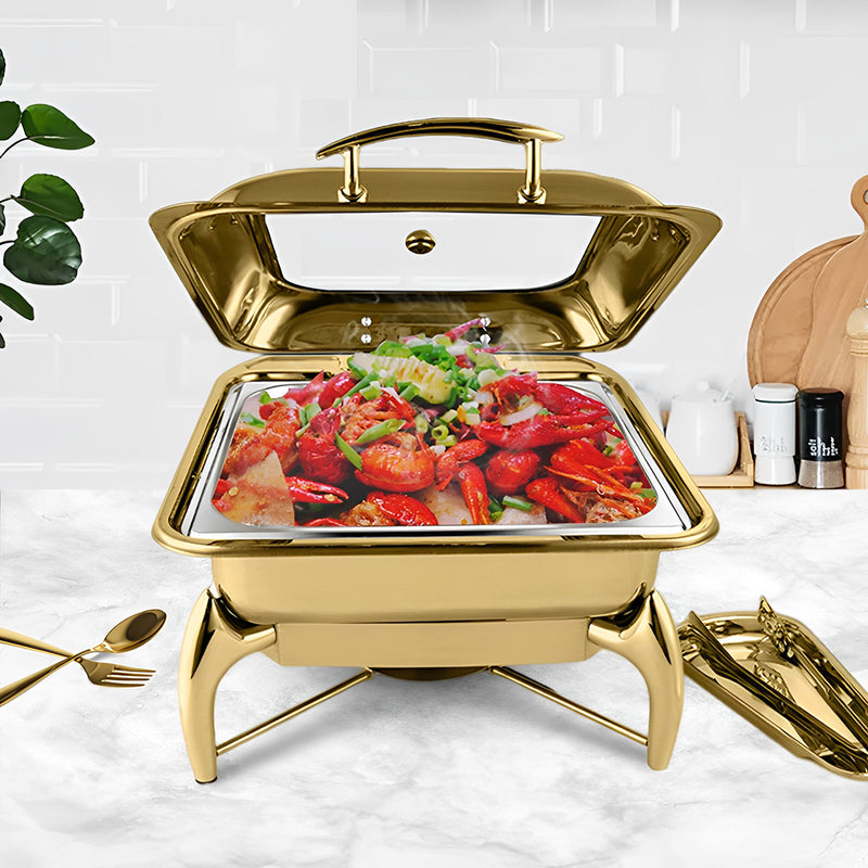 Gold Stainless Steel 6L Square Chafing Dish Buffet Food Warmer With Lid