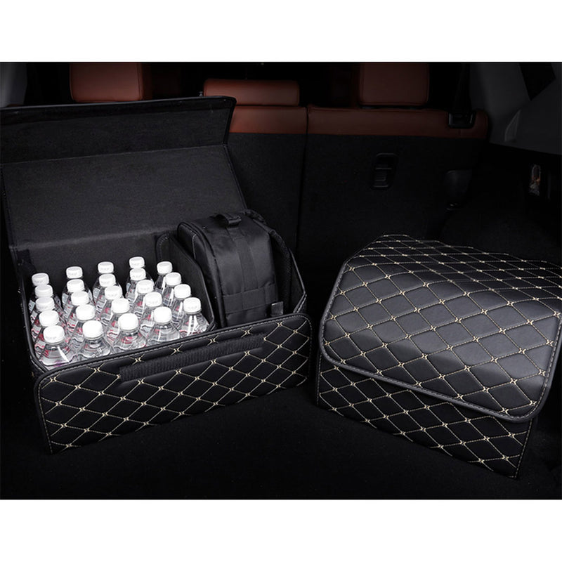 4X Leather Car Trunk Organizer 55x30x30cm Collapsible Foldable Black Gold Stitch