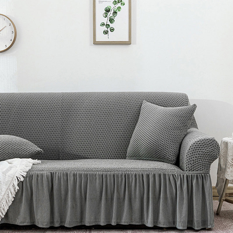 4-Seater Grey Polyester Sofa Cover With Ruffled Skirt High Stretch Protector