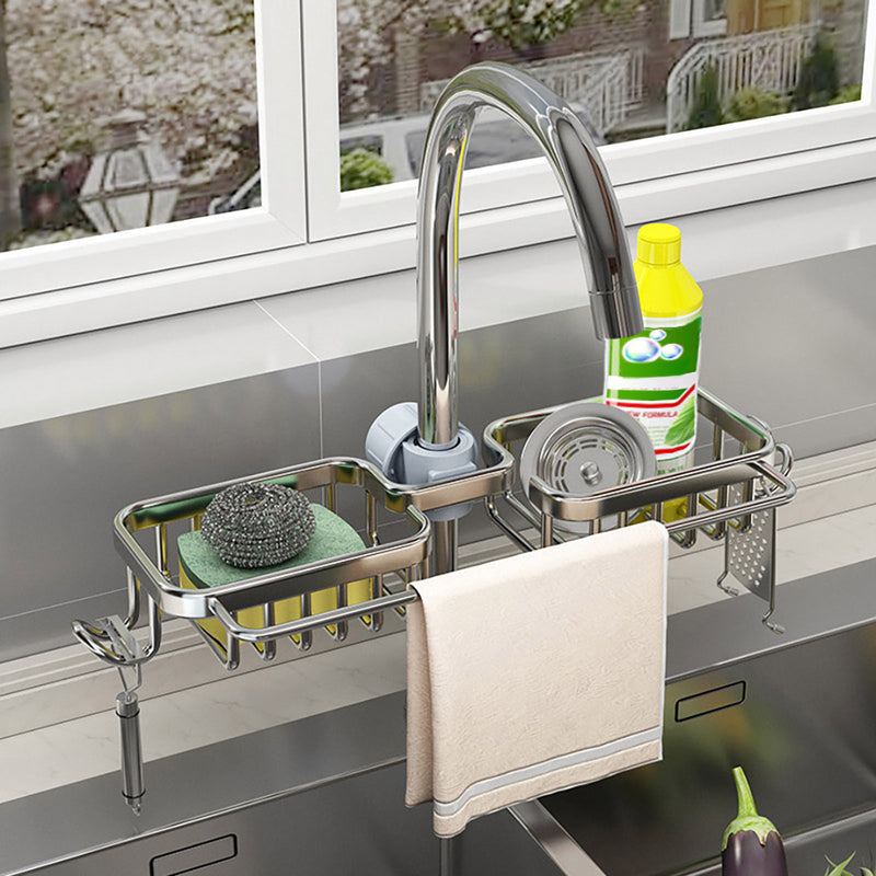 Kitchen Sink Faucet Caddy With Towel Bar Aluminum 37.5x16x6.8cm Silver