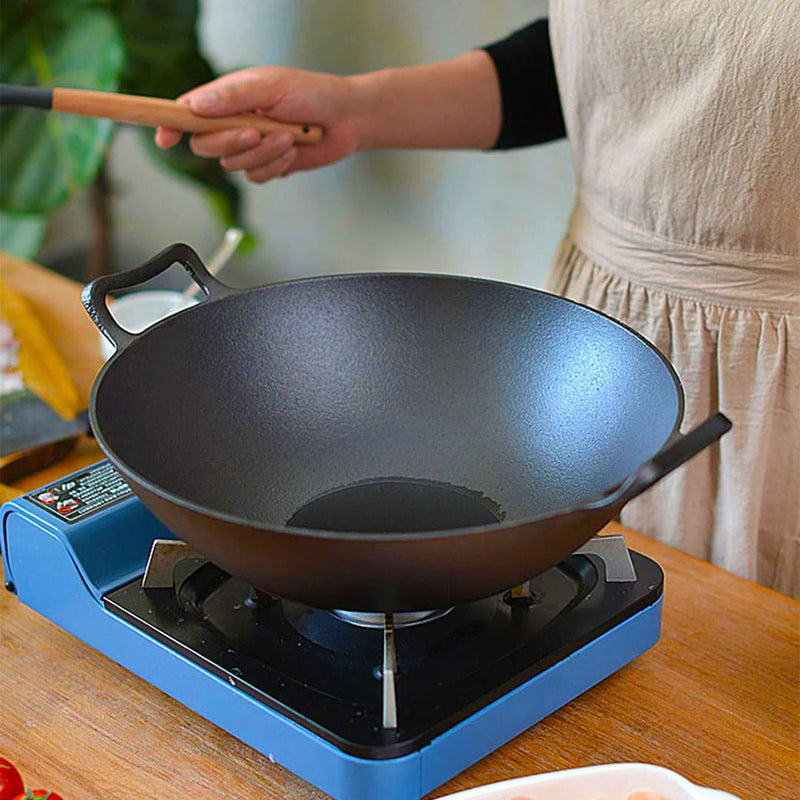 32cm Cast Iron Wok Frypan Double Handle With Lid Black Induction Oven Safe