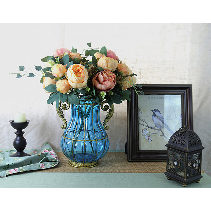 Blue Glass Flower Vase Two Metal Handles Gold Accents 10cm x 14cm x 26cm