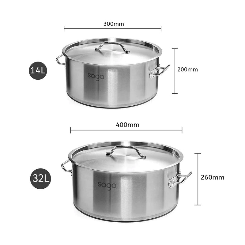 2X Stainless Steel Stock Pot 14L 32L Thick Bottom Commercial Cooking Pot Durable