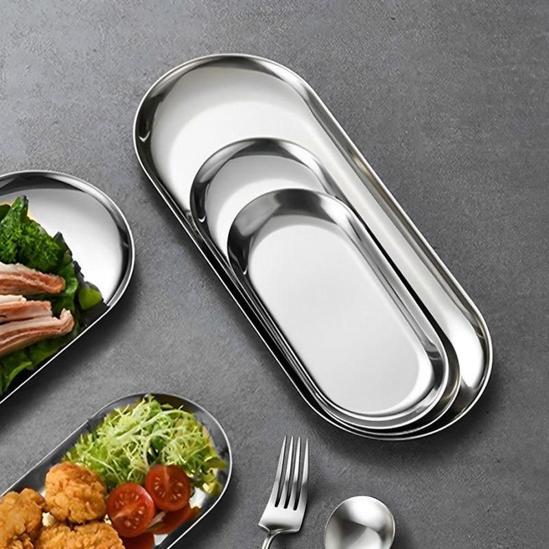 Oval Stainless Steel Plate Set 3 Pieces Small Medium Large Silver Nordic