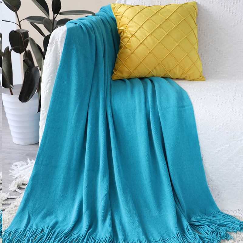 Blue 100% Acrylic Knitted Throw Blanket 130cmx220cm Fringed Cozy