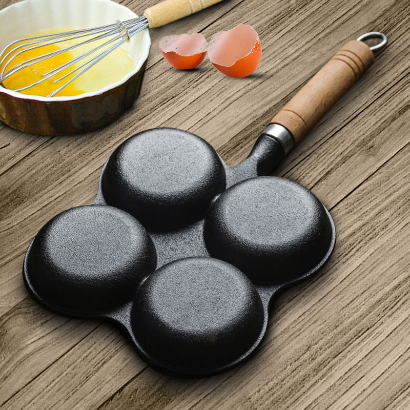 Cast Iron 4 Mold Breakfast Pan Nonstick 22cm for Omelet Pancake with Wood Handle