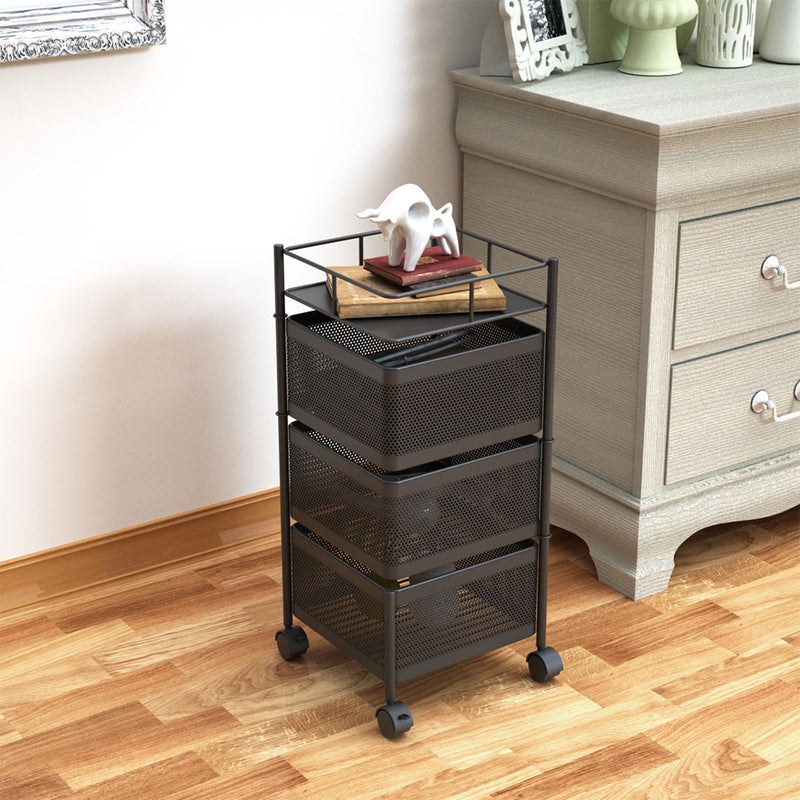 3 Tier Carbon Steel Rotating Kitchen Cart 29x28x65cm Black With Locking Wheels
