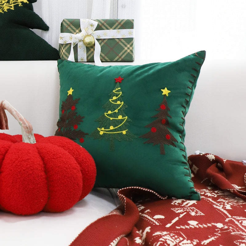 2X 45x45cm Plush Throw Pillow Green Embroidered Christmas Trees Square