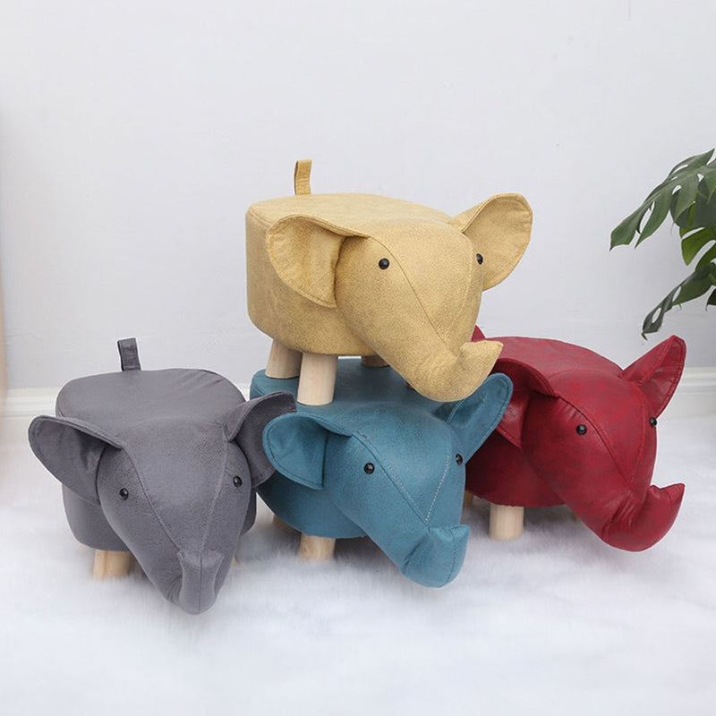 Red Children Round Ottoman Stool Elephant Character Pu Sponge Pine 28x26cm